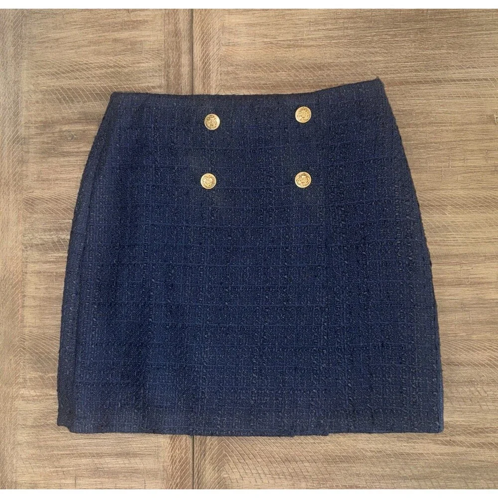 Loft Ann Taylor Navy Blue Tweed Gold Buttons Mini Pencil Skirt Lined Size 6